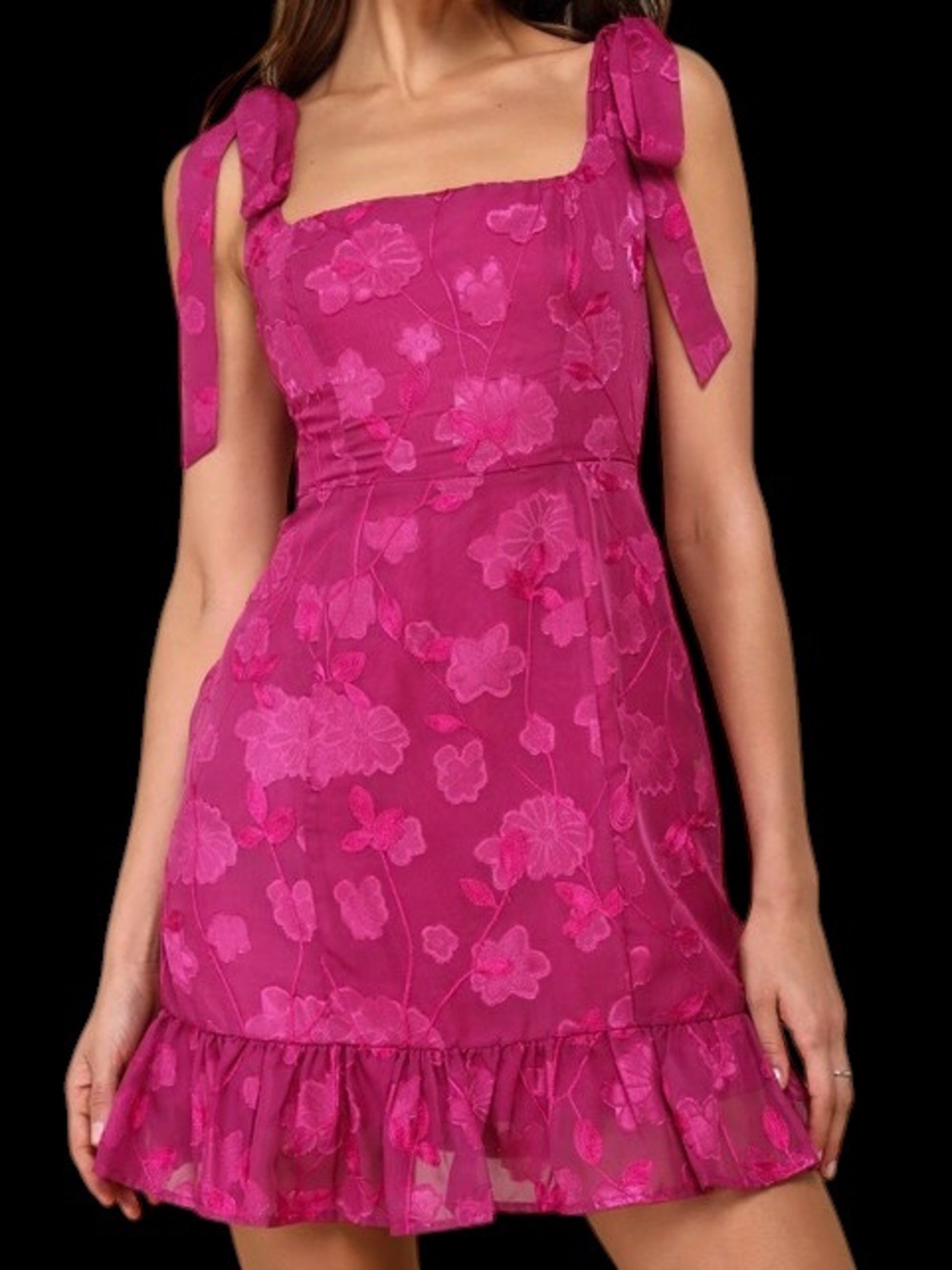 Lulus No One Prettier Magenta Pink Floral Embroidered Tie-Strap Mini Dress